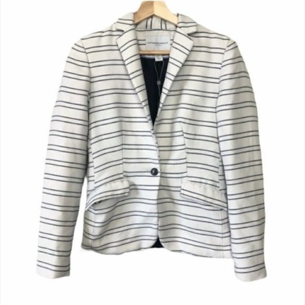 Katherine Barclay White & Navy Striped Single Button Knit Blazer XS